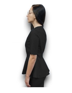 Halat medical negru petrecut basc, din tercot elastic, cu insertie florala 2