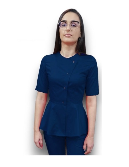 Halat medical bleumarin petrecut basc, din tercot elastic Halat medical bleumarin petrecut basc, din tercot elastic
