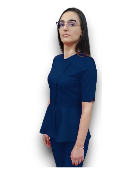 Halat medical bleumarin petrecut basc, din tercot elastic Halat medical bleumarin petrecut basc, din tercot elastic