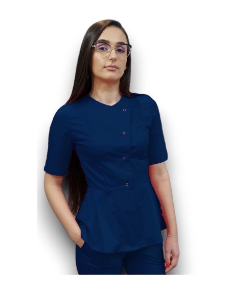 Halat medical bleumarin petrecut basc, din tercot elastic Halat medical bleumarin petrecut basc, din tercot elastic