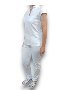 Costum medical alb, bluza anchior si guler tunica, din tercot elastic 2