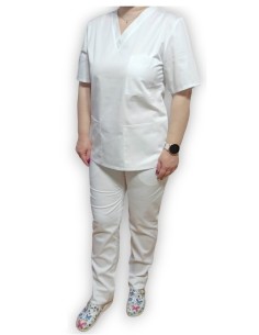 Costum medical alb, bluza cu anchior, din tercot elastic
