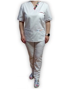 Costum medical alb cu insertie, bluza cu anchior, din tercot elastic