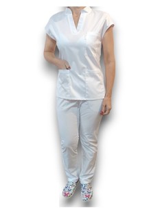 Costum medical alb, bluza anchior si guler tunica, din tercot elastic