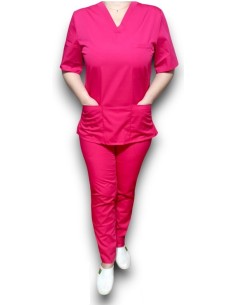 Costum medical ciclam, bluza cu anchior, din tercot elastic