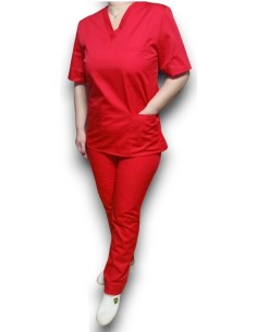 Costum medical rosu, bluza cu anchior, din tercot elastic