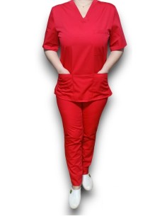 Costum medical rosu, bluza cu anchior, din tercot elastic 2