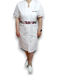 Sarafan medical alb cu insertie florala, fermoar in fata, din tercot elastic 2