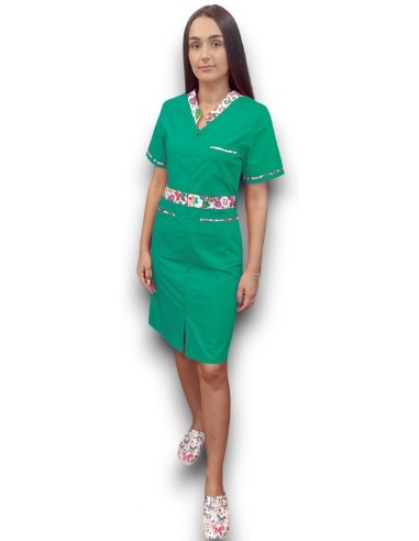 Sarafan medical verde spital cu insertie florala, fermoar in fata, din tercot elastic