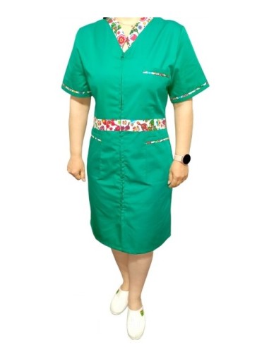 Sarafan medical verde spital cu insertie florala, fermoar in fata, din tercot elastic