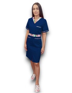 Sarafan medical bleumarin cu insertie florala, fermoar in fata, din tercot elastic 2