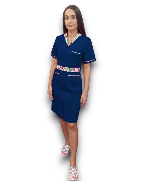 Sarafan medical bleumarin cu insertie florala, fermoar in fata, din tercot elastic Sarafan medical bleumarin cu insertie florala, fermoar in fata, din tercot elastic