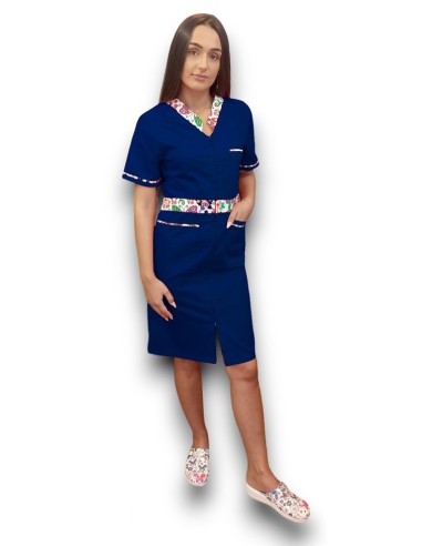 Sarafan medical bleumarin cu insertie florala, fermoar in fata, din tercot elastic