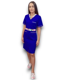 Sarafan medical albastru royal cu insertie florala, fermoar in fata, din tercot elastic