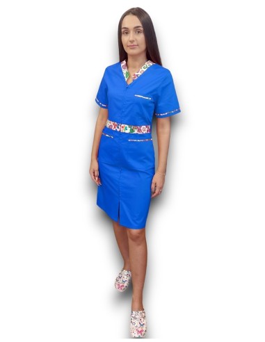 Sarafan medical albastru cu insertie florala, fermoar in fata, din tercot elastic