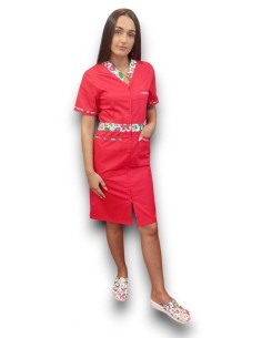 Sarafan medical rosu cu insertie florala, fermoar in fata, din tercot elastic