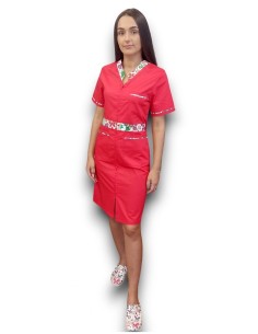 Sarafan medical rosu cu insertie florala, fermoar in fata, din tercot elastic 2