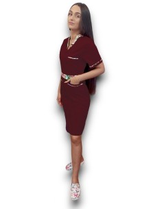 Sarafan medical grena cu insertie florala, fermoar in fata