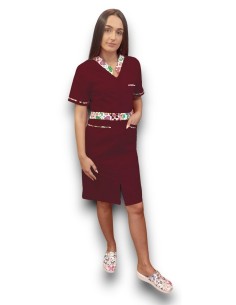 Sarafan medical grena cu insertie florala, fermoar in fata 2