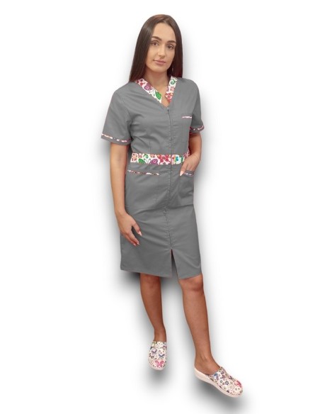 Sarafan medical gri cu insertie florala, fermoar in fata, din tercot elastic Sarafan medical gri cu insertie florala, fermoar in fata, din tercot elastic