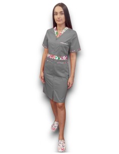 Sarafan medical gri cu insertie florala, fermoar in fata, din tercot elastic