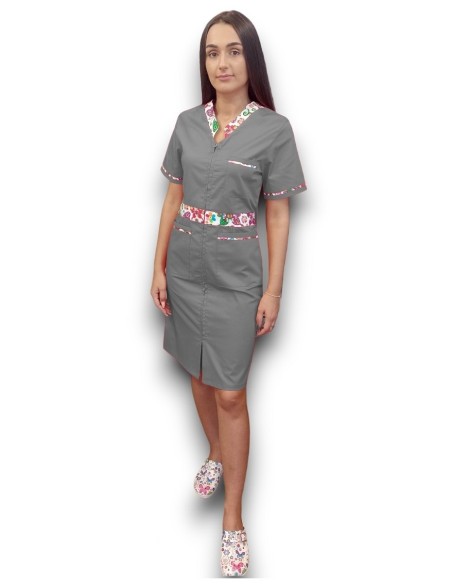 Sarafan medical gri cu insertie florala, fermoar in fata, din tercot elastic Sarafan medical gri cu insertie florala, fermoar in fata, din tercot elastic