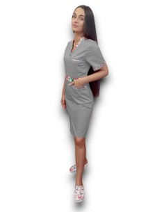Sarafan medical gri cu insertie florala, fermoar in fata, din tercot elastic 2