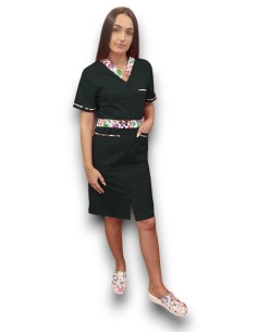 Sarafan medical negru cu insertie florala, fermoar in fata, din tercot elastic