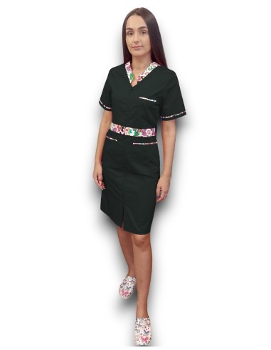 Sarafan medical negru cu insertie florala, fermoar in fata, din tercot elastic