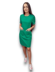 Sarafan medical verde spital cu insertie florala, fermoar la spate, din tercot elastic