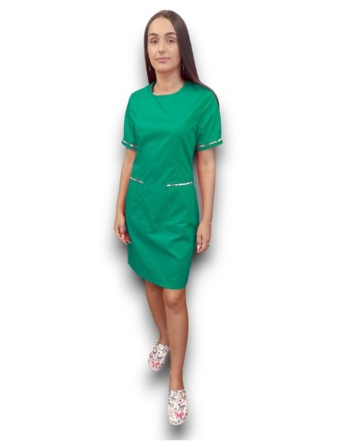 Sarafan medical verde spital cu insertie florala, fermoar la spate, din tercot elastic