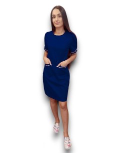 Sarafan medical bleumarin cu insertie florala, fermoar la spate, din tercot elastic 2