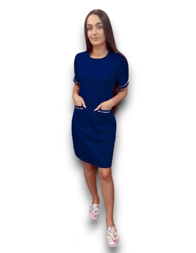 Sarafan medical bleumarin cu insertie florala, fermoar la spate, din tercot elastic