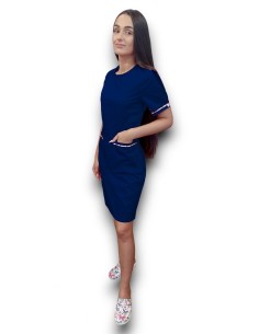 Sarafan medical bleumarin cu insertie florala, fermoar la spate, din tercot elastic