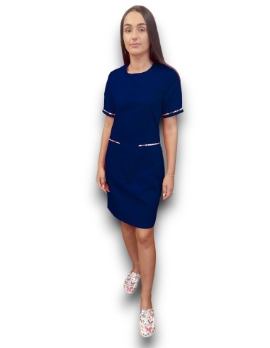 Sarafan medical bleumarin cu insertie florala, fermoar la spate, din tercot elastic