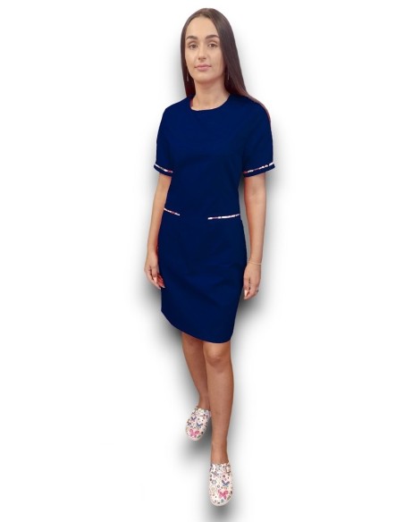 Sarafan medical bleumarin cu insertie florala, fermoar la spate, din tercot elastic Sarafan medical bleumarin cu insertie florala, fermoar la spate, din tercot elastic