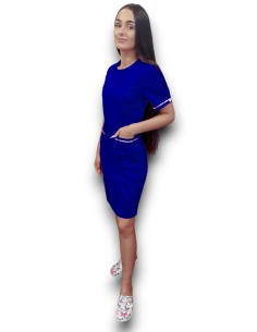 Sarafan medical albastru royal cu insertie florala, fermoar la spate, din tercot elastic