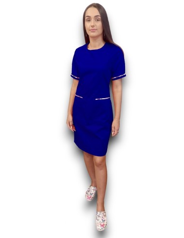 Sarafan medical albastru royal cu insertie florala, fermoar la spate, din tercot elastic