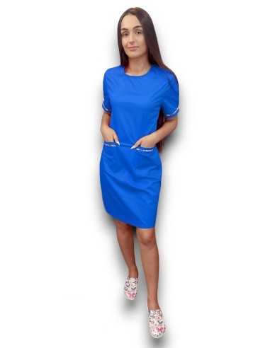 Sarafan medical albastru cu insertie florala, fermoar la spate, din tercot elastic