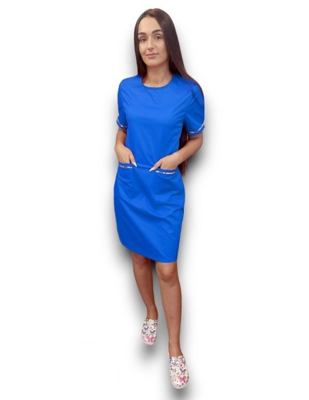 Sarafan medical albastru cu insertie florala, fermoar la spate, din tercot elastic Sarafan medical albastru cu insertie florala, fermoar la spate, din tercot elastic
