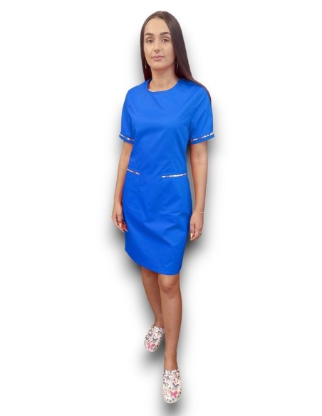 Sarafan medical albastru cu insertie florala, fermoar la spate, din tercot elastic Sarafan medical albastru cu insertie florala, fermoar la spate, din tercot elastic