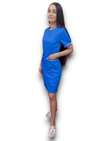 Sarafan medical albastru cu insertie florala, fermoar la spate, din tercot elastic