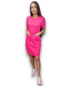Sarafan medical ciclam cu insertie florala, fermoar la spate, din tercot elastic
