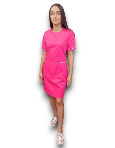 Sarafan medical ciclam cu insertie florala, fermoar la spate, din tercot elastic