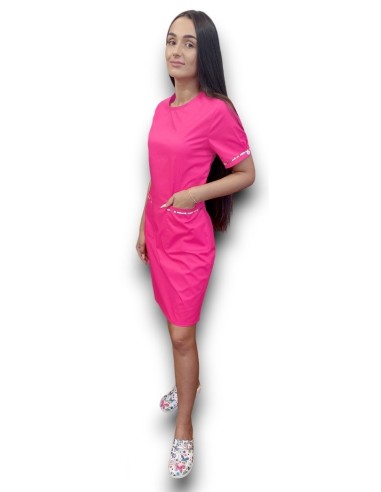 Sarafan medical ciclam cu insertie florala, fermoar la spate, din tercot elastic