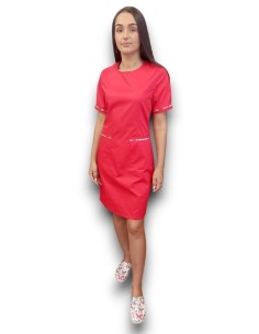 Sarafan medical rosu cu insertie florala, fermoar la spate, din tercot elastic