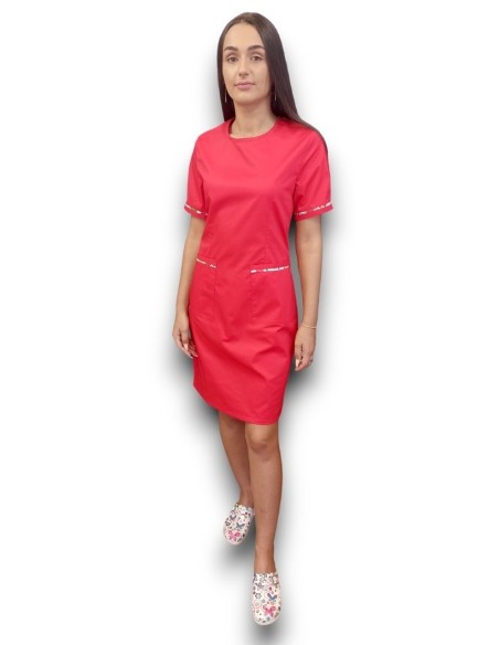 Sarafan medical rosu cu insertie florala, fermoar la spate, din tercot elastic Sarafan medical rosu cu insertie florala, fermoar la spate, din tercot elastic