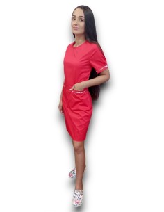 Sarafan medical rosu cu insertie florala, fermoar la spate, din tercot elastic 2