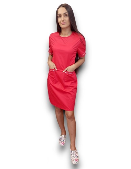 Sarafan medical rosu cu insertie florala, fermoar la spate, din tercot elastic Sarafan medical rosu cu insertie florala, fermoar la spate, din tercot elastic