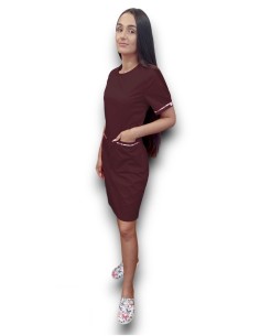 Sarafan medical grena cu insertie florala, fermoar la spate, din tercot fix